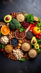 Healthy plant-based foods nuts, grains, vegetables, and fruits