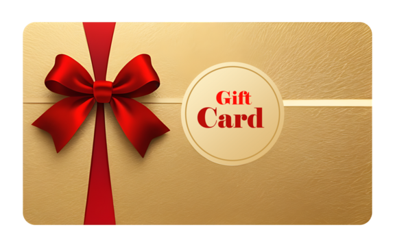Stylish gold gift card with red bow and round center emblem, perfect for elegant shopping voucher or business promotion