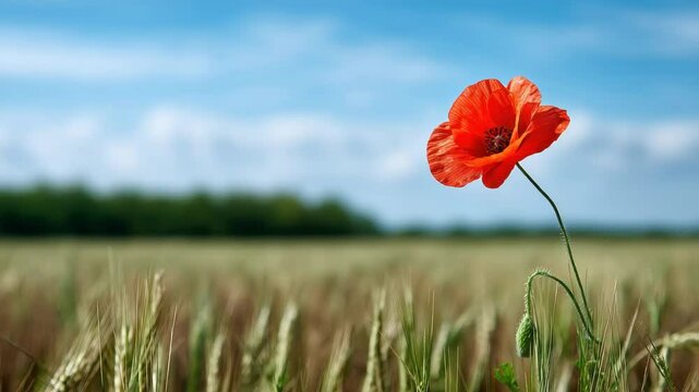 Single red poppy flower blooming green wheat field blue sky with soft clouds, evoking peaceful and serene summer landscape, nature outdoor landscape with poppy, flower, red, wheat, field, blue sky