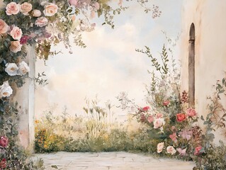 Romantic floral garden archway with pastel roses and foliage art backdrop