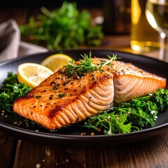 Freshly cooked salmon fillet with lemon wedges and green herbs on dark plate