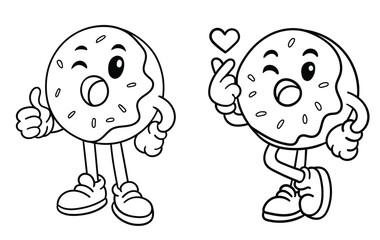 Donut cartoon, black and white line drawing illustration, symbol, small heart and like icon, vector file.