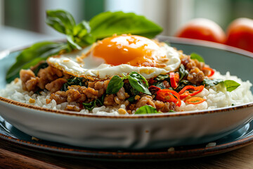Pork and fried egg with basil on rice