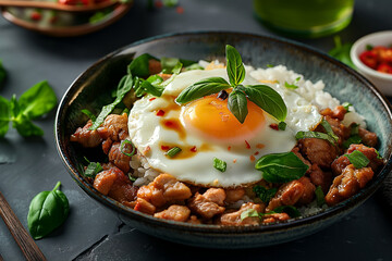 Pork and fried egg with basil on rice