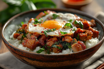 Pork and fried egg with basil on rice