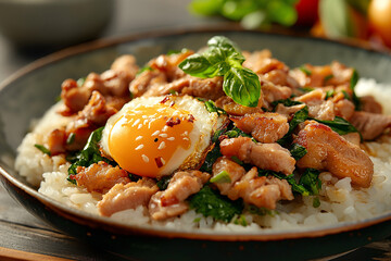 Pork and fried egg with basil on rice