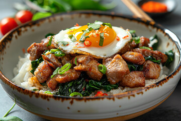 Pork and fried egg with basil on rice