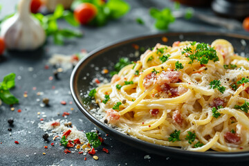 Classic Spaghetti Carbonara with Bacon and Parsley