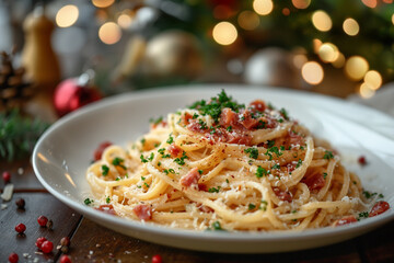Classic Spaghetti Carbonara with Bacon and Parsley