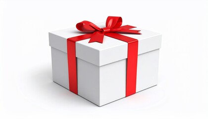 Obraz premium A pristine white gift box adorned with a vibrant red ribbon and bow, symbolizing celebration and festivity.