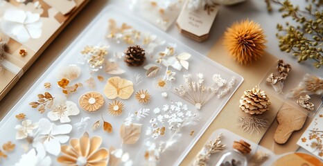 Creative sticker set with transparent and paperboard textures featuring handcrafted elements for unique packaging