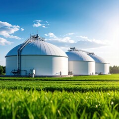 Modern industrial storage tanks in a green landscape with a bright sky