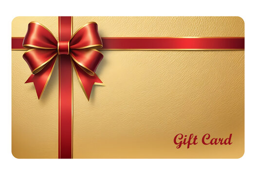 Luxury golden gift voucher template with vertical red ribbon and realistic satin bow, perfect for shopping cards or offers