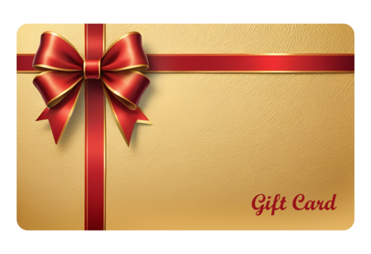 Luxury golden gift voucher template with vertical red ribbon and realistic satin bow, perfect for shopping cards or offers