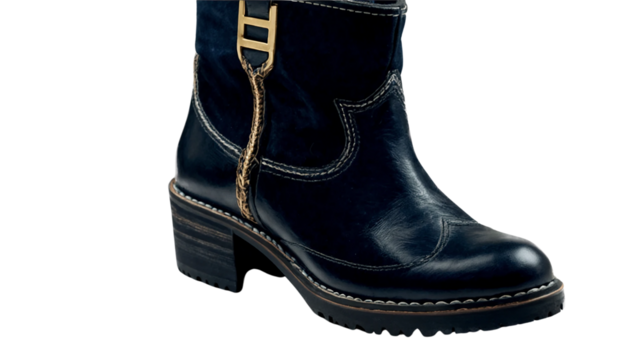 Dark Blue Leather Ankle Boot with Gold Detail and Chunky Sole, Transparent Background