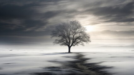 A Solitary Tree Standing Alone in a Winter Landscape