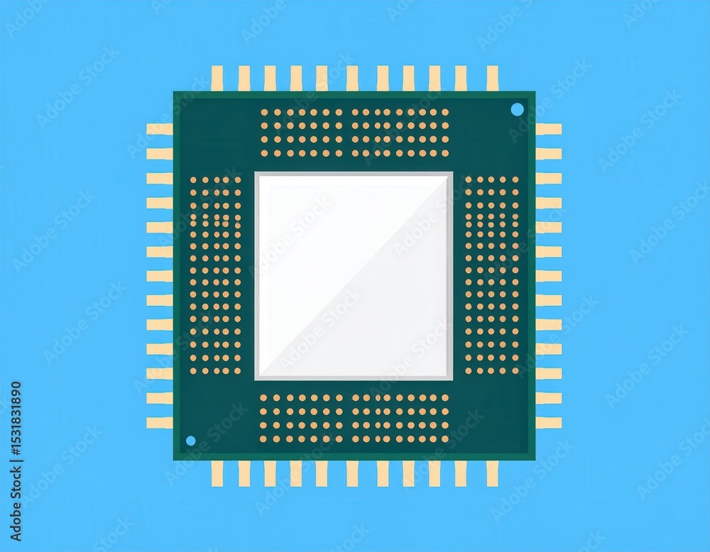 Poster close-up of a computer processor chip with gold contact pins on blue background