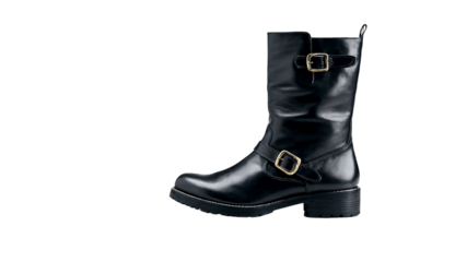 Black Leather Motorcycle Boot with Gold Buckles Isolated on Transparent