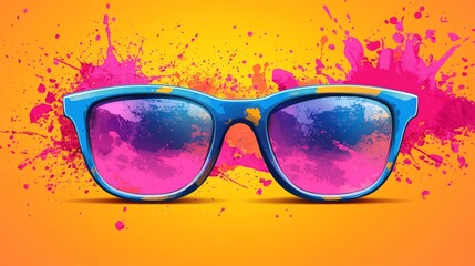 Colorful Sunglasses with Splattered Paint Design on Vibrant Gradient Background