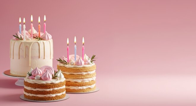 Delicious Birthday Cakes with Candles and Pastel Decorations