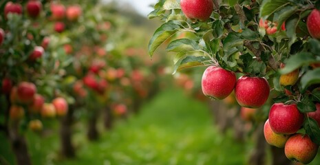 Ripe apples hang heavy on orchard branches