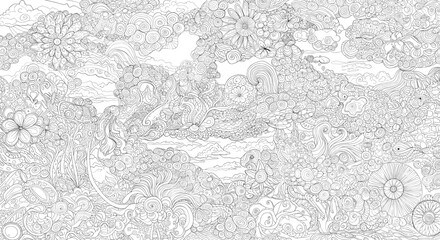 Fototapeta premium Intricate line art landscape with swirling clouds, flowers, and sunbursts in a detailed, dreamlike composition for coloring