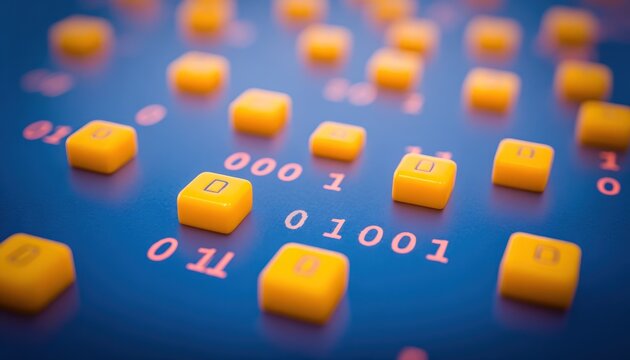 Close-up of yellow keys with binary code
