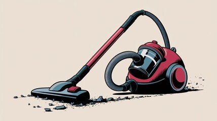 A retro comic pop art illustration of a vacuum cleaner in action on a plain background.  dust and debris being sucked up