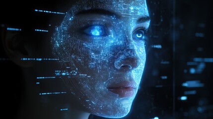 A holographic AI security system scanning a person's face for verification
