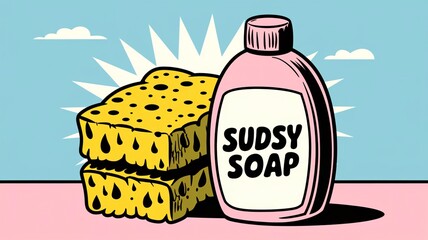 A comic book-style illustration of a detergent bottle next to a sponge