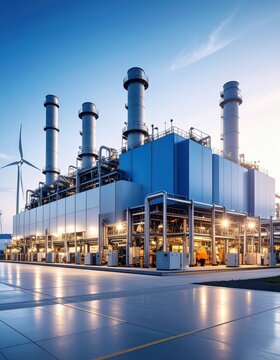 Modern industrial power plant with multiple chimneys and renewable energy source