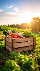 Freshly harvested vegetables and fruits in wooden crate on farm sunset background