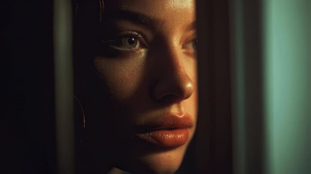 Warm sunlight illuminates a young woman's face as she gazes thoughtfully through partially closed blinds, creating a captivating and evocative scene