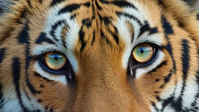 A close-up shot focuses on the intense, captivating eyes of a tiger, showing distinctive orange and black striped fur and striking green-gold irises.