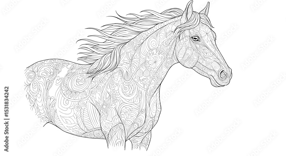 Poster intricate line art illustration of a horse with ornamental patterns and flowing mane, galloping forw