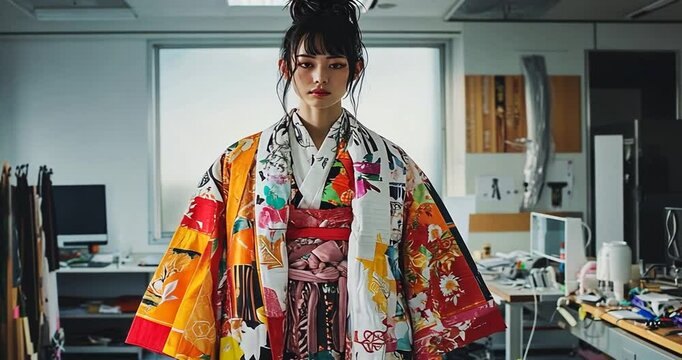 Colorful patchwork kimono on model