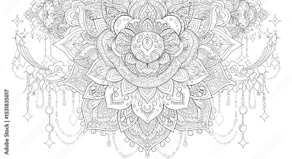 Poster intricate mandala design with celestial elements and decorative ornaments for coloring pages and cre