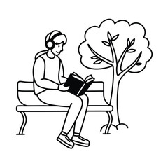 depict a quiet student reading with headphones on.eps