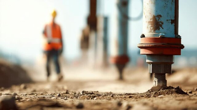 Construction site with workers safety vests and helmets, industrial drilling equipment and heavy machinery operating dusty ground, teamwork atmosphere, worker safety vest, helmet, industrial