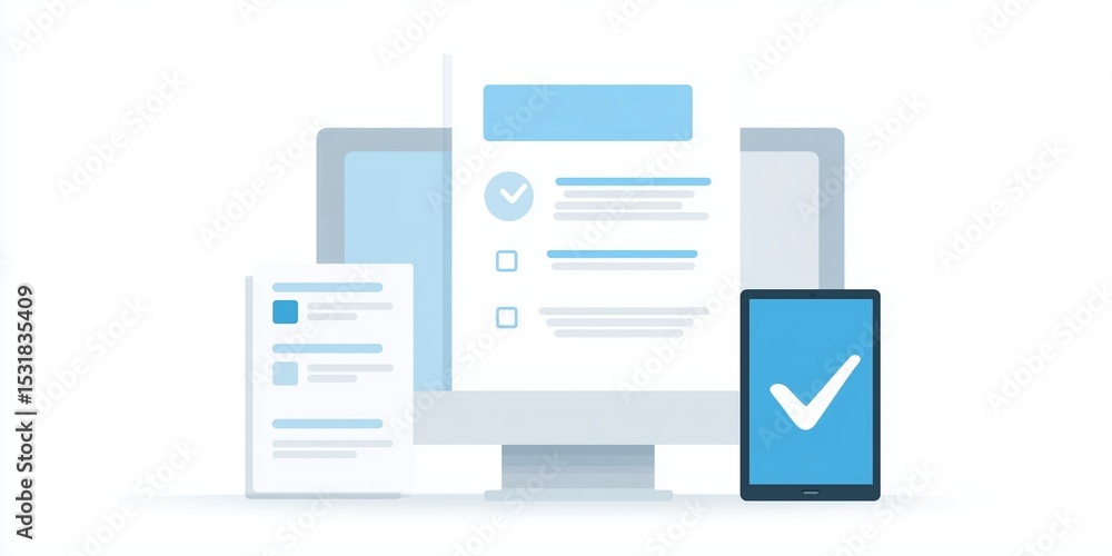 Fototapete Digital mock up showcasing a computer monitor, tablet, and documents with checkmarks, representing successful completion of tasks in a modern workspace environment