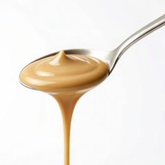 Creamy caramel sauce pouring from a spoon on white background delicious dessert topping