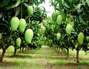 lush green mango orchard with ripe mangoes hanging from tall trees in tropical farm
