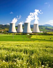 Scenic landscape featu power plant with cooling towers emitting smoke under blue sky