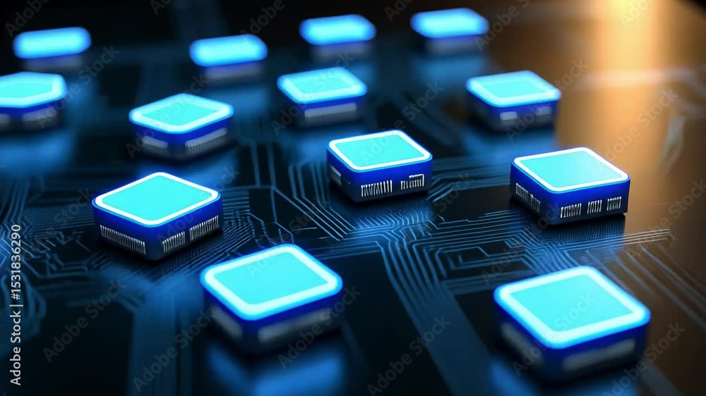 Poster abstract technology background with blue glowing cubes on circuit board design for digital concepts
