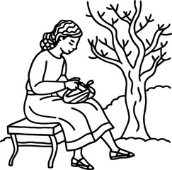 depict a young woman doing embroidery while sittin.eps