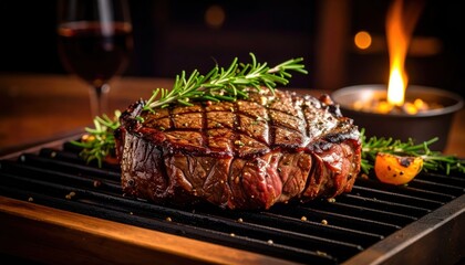 Juicy grilled steak served with fresh herbs on a modern barbecue grill at dinner