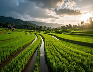 Lush green terraced rice fields in a tropical landscape du sunset with mountains