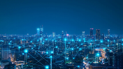 Fototapeta premium Modern city with wireless network connection and city scape concept.Wireless network and Connection technology concept with city background at night.