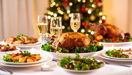 Festive Christmas Dinner Table with Roasted Meat and Holiday Decorations