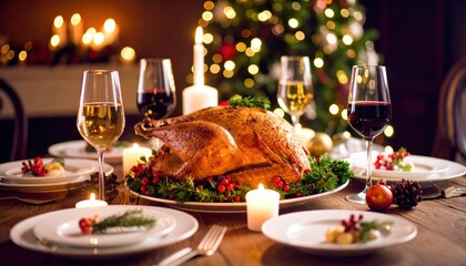 Festive Christmas Dinner Table Setting Featu Roasted Turkey and Holiday Decor